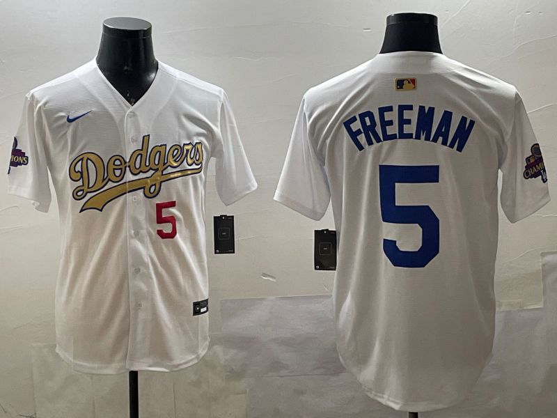 Men Los Angeles Dodgers 5 Freeman White Champion gold character 2025 Nike MLB Jersey style 33117